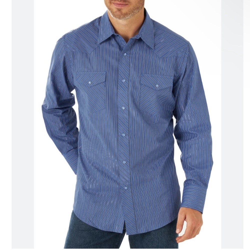 wrangler blue shimmer striped pearl snap shirt - Picture 1 of 12